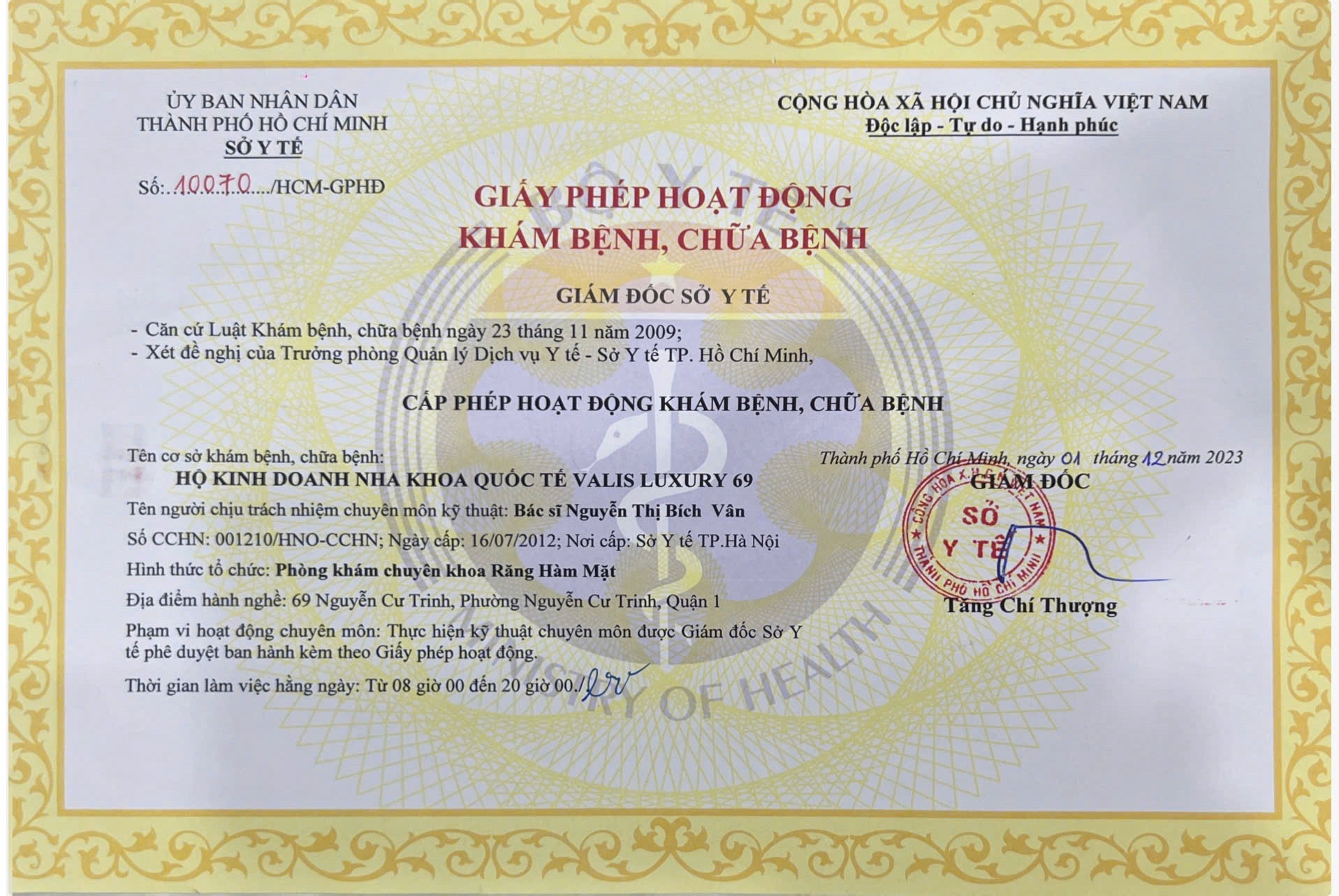 Giấy phép hoạt động Valis Luxury 69 Quận 1 TPHCM