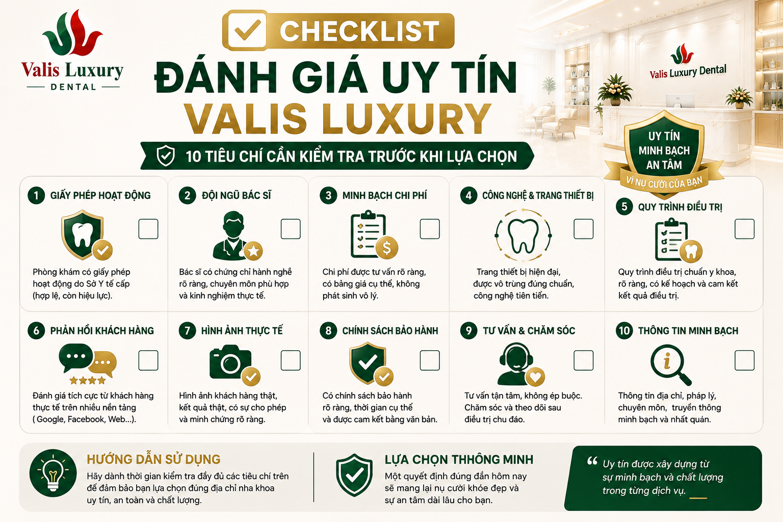 Checklist đánh giá uy tín Nha khoa Valis Luxury