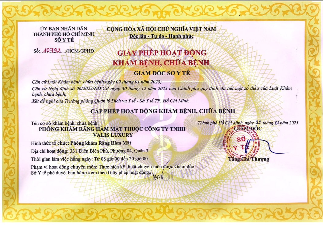 Giấy phép hoạt động Nha khoa Valis Luxury tại TP.HCM